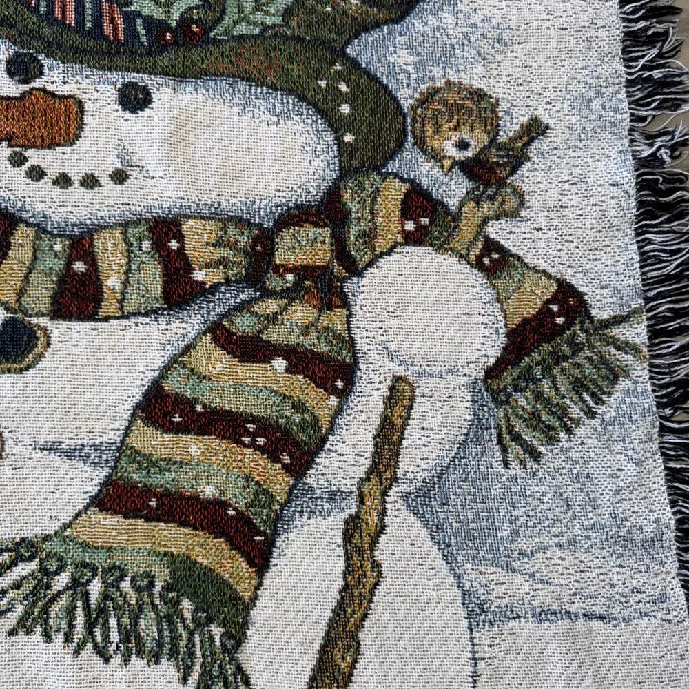 Christmas Winter Woven Tapestry Throw Snowman Fringe Woodland Creatures 52X47 In
